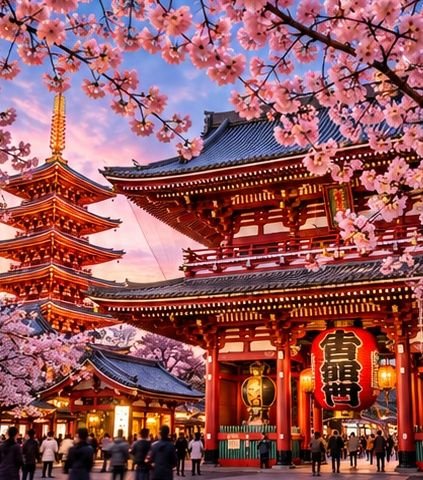 Senso-ji temple gate framed by cherry blossoms