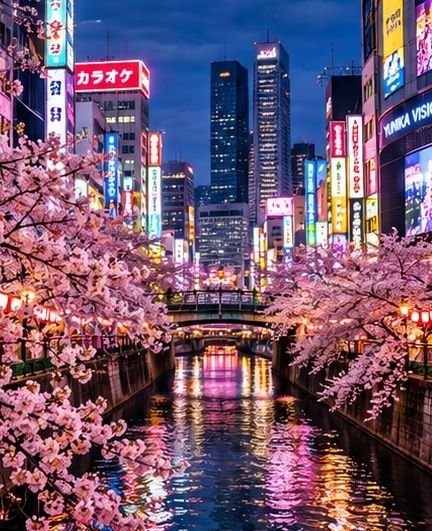Shinjuku neon beside a blossom-lined canal