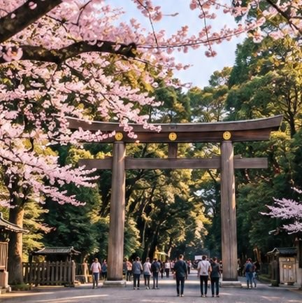 The torii gate at Meiji Jingu under blossoms