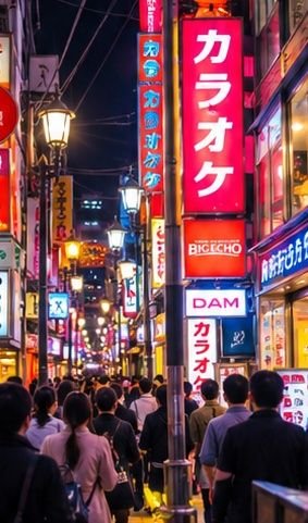 Karaoke signs on a busy Osaka street